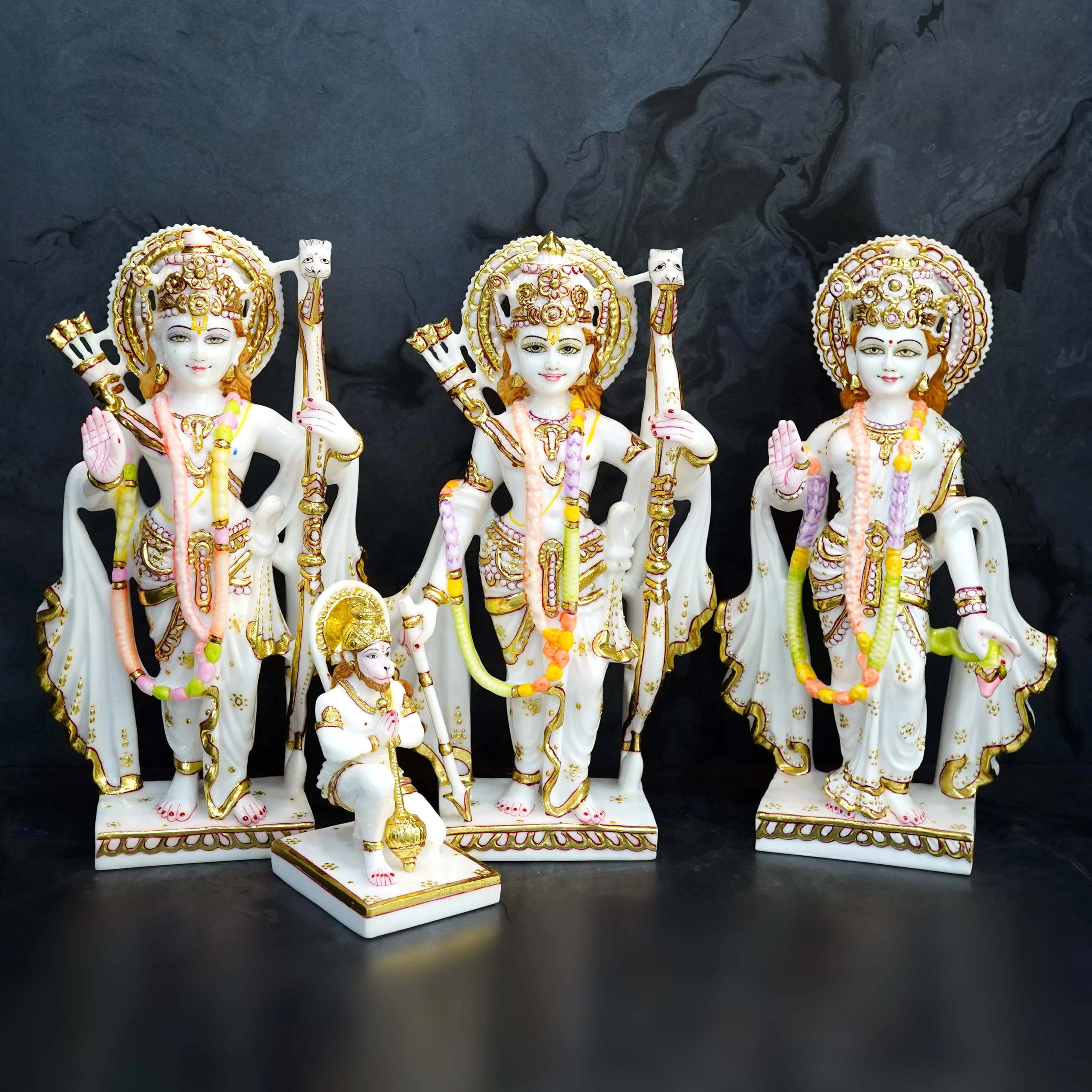 Applying a lacquer finish to marble and marble dust god statues enhances their aesthetic appeal, seals the stone's porous surface, and preserves intricate hand-painted work (Meenakari or gold leaf ornamentation