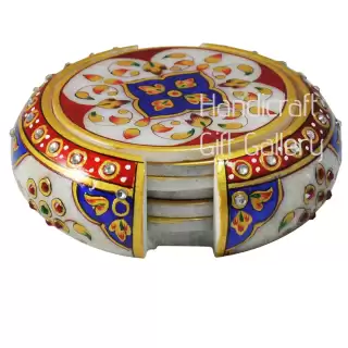 Marble Coaster Set with Blue & Red Meenakari