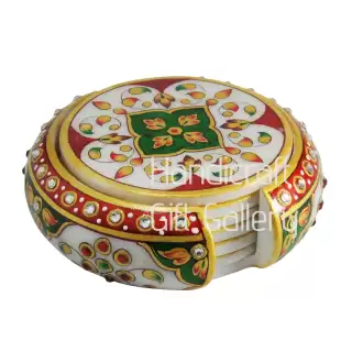 Marble Minakari Red & Green Coasters-(6 pcs)