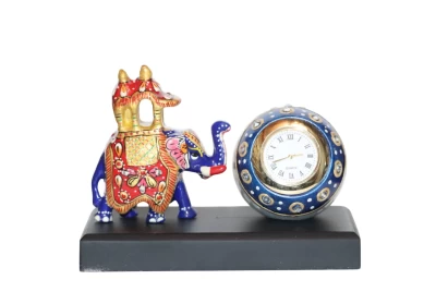 Metal Elephant With Marble Clock