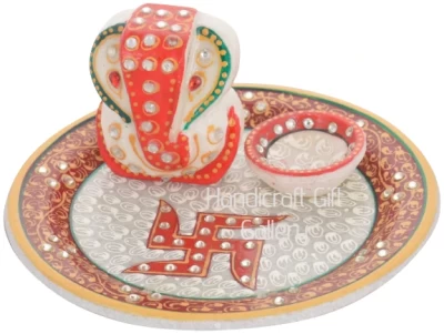 Marble Plate With Ganesh And Deepak