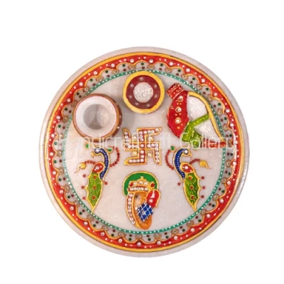 Marble Peacock Painted Pooja Thali