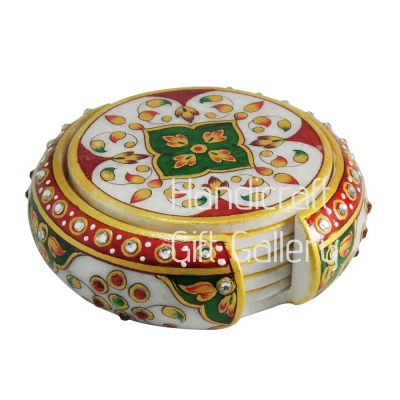 Marble Minakari Red & Green Coasters-(6 pcs)