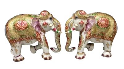 White Marble Clourful Elephant Pair