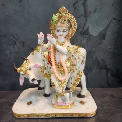 Fine Marble Dust Cow Krishna In Meenakari Painting