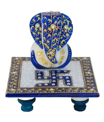 Marble Blue Painted Chowki Ganesh In 5 Inch