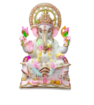 Marble Dust Cut Gold White Ganesh Statue