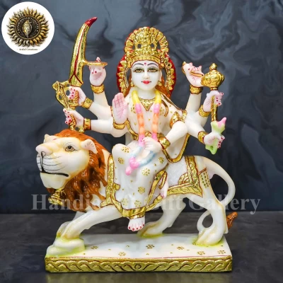 9 Inch White Marble Dust Durga Idol