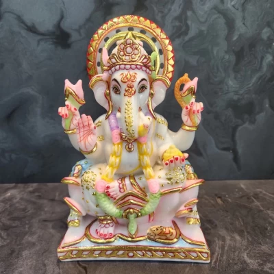 Marble Dust Cut Gold White Ganesh Statue
