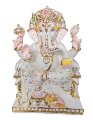 Marble Dust Cut Gold White Mukut Ganesh Ji