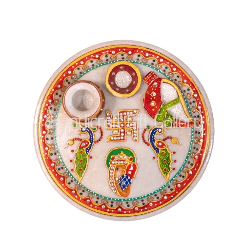 Marble Peacock Painted Pooja Thali