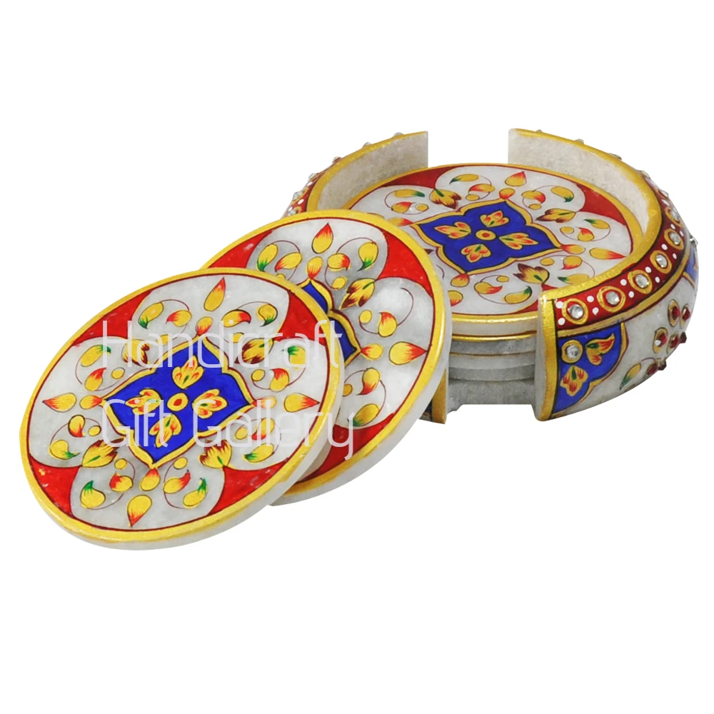 Marble Minakari Blue and Red Coasters-6 pcs