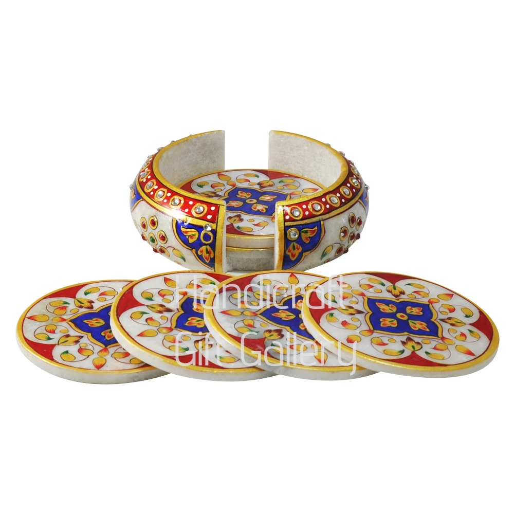 Marble Minakari Blue and Red Coasters-6 pcs