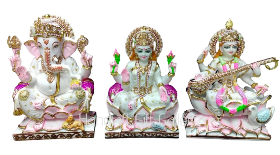 Marble Dust Cut Gold White Ganesh Laxmi Saraswati
