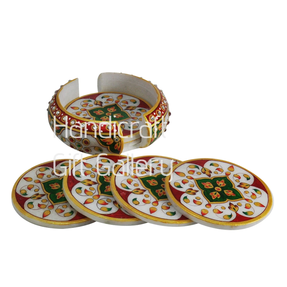 Marble Minakari Red & Green Coasters-(6 pcs)