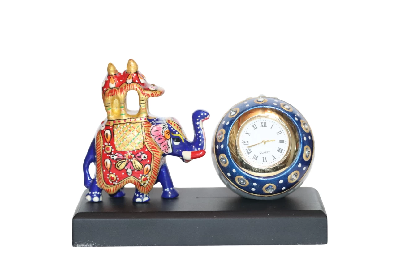 Metal Elephant With Marble Clock