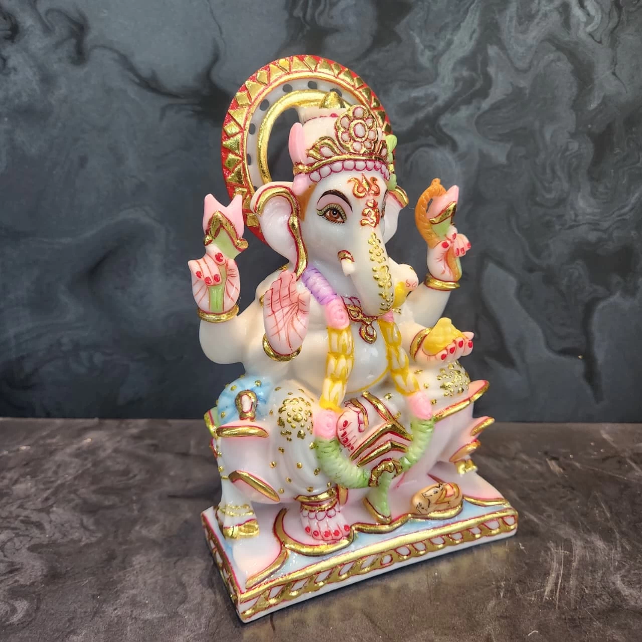 Marble Dust Cut Gold White Ganesh Statue