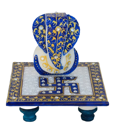 Marble Blue Painted Chowki Ganesh In 5 Inch