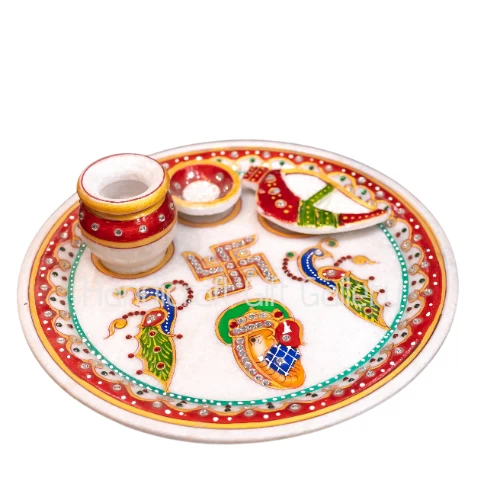 Marble Peacock Painted Pooja Thali