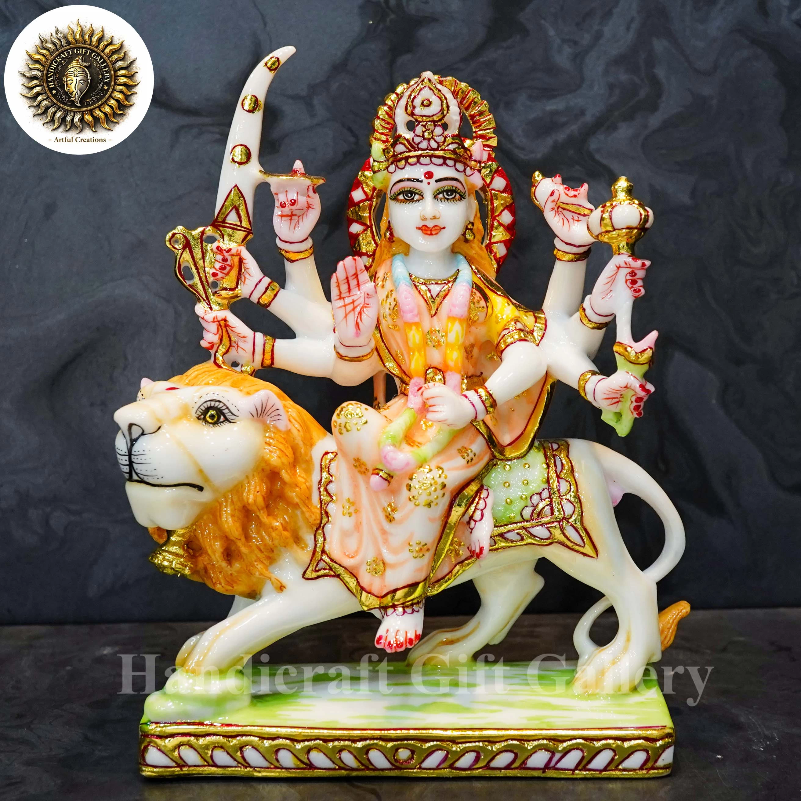 Painted Marble Dust Durga with Weapon