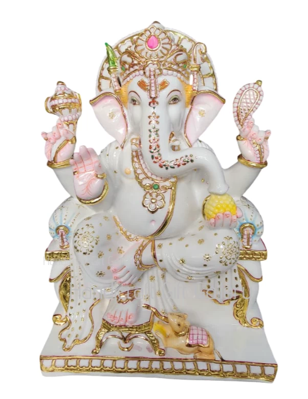 Marble Dust Cut Gold White Mukut Ganesh Ji