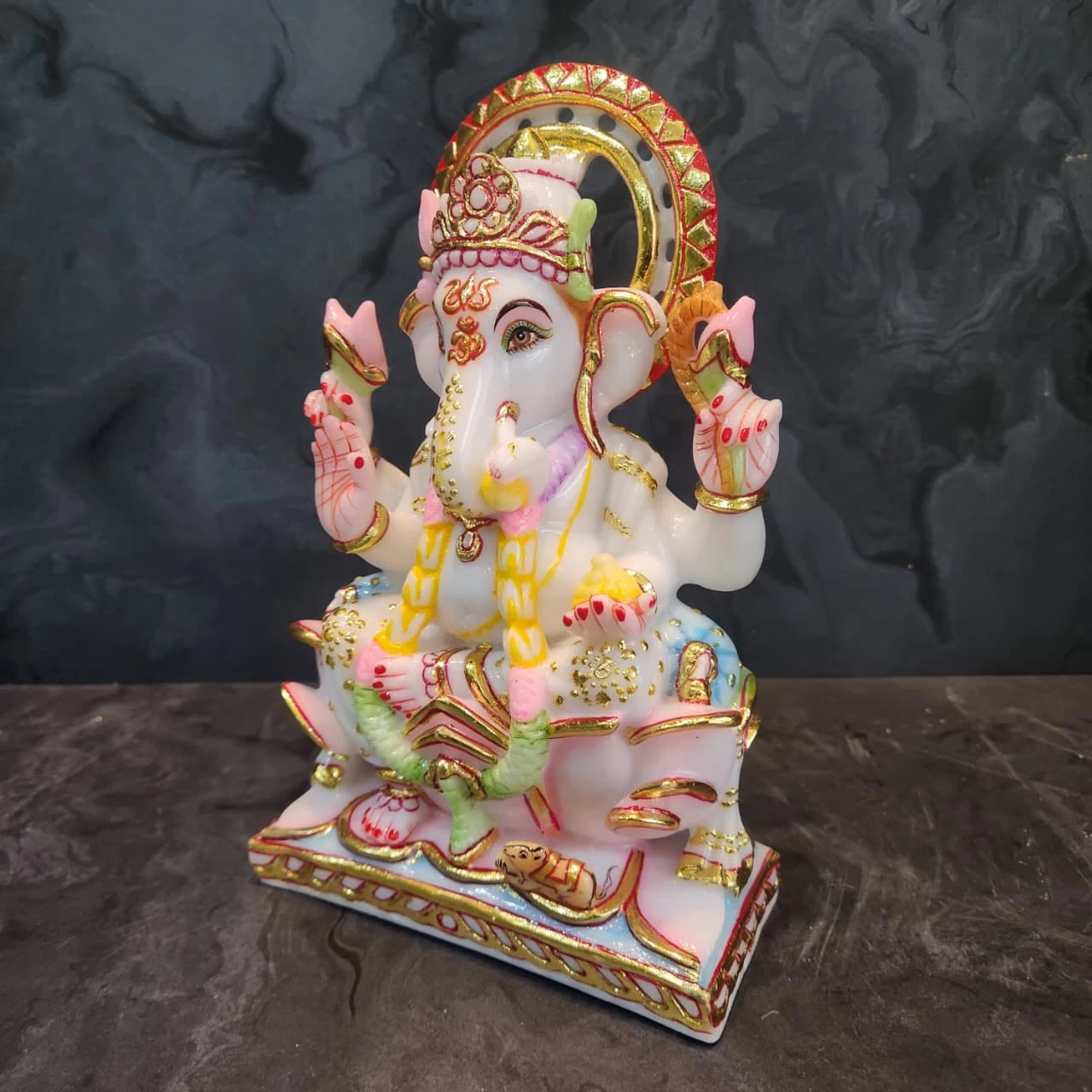 Marble Dust Cut Gold White Ganesh Statue