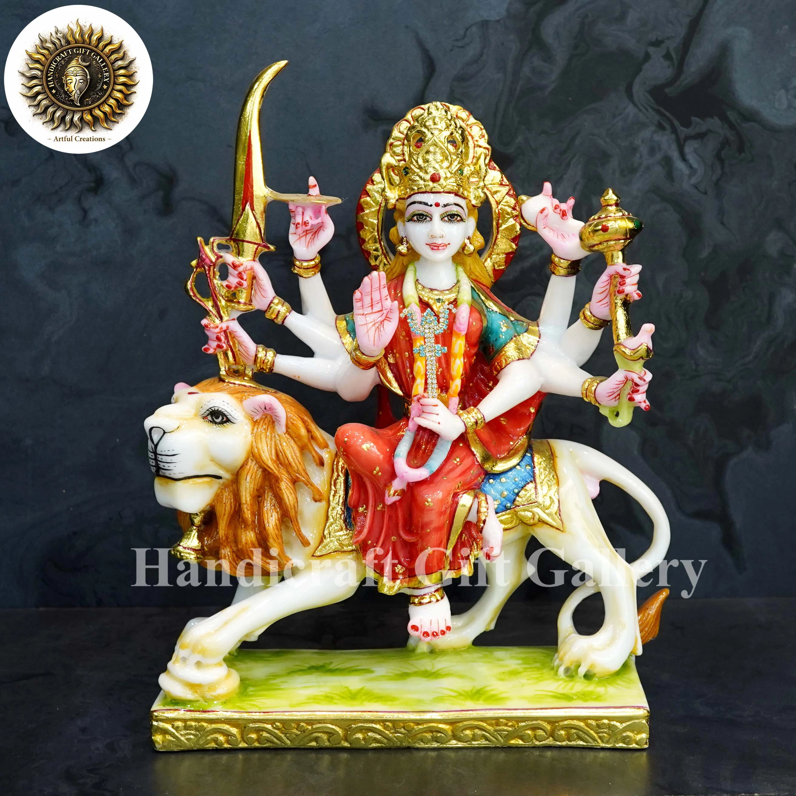 Marble Dust Durga Devi In Red Saree 12 Inch