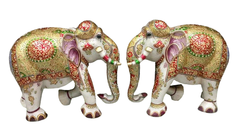 White Marble Clourful Elephant Pair