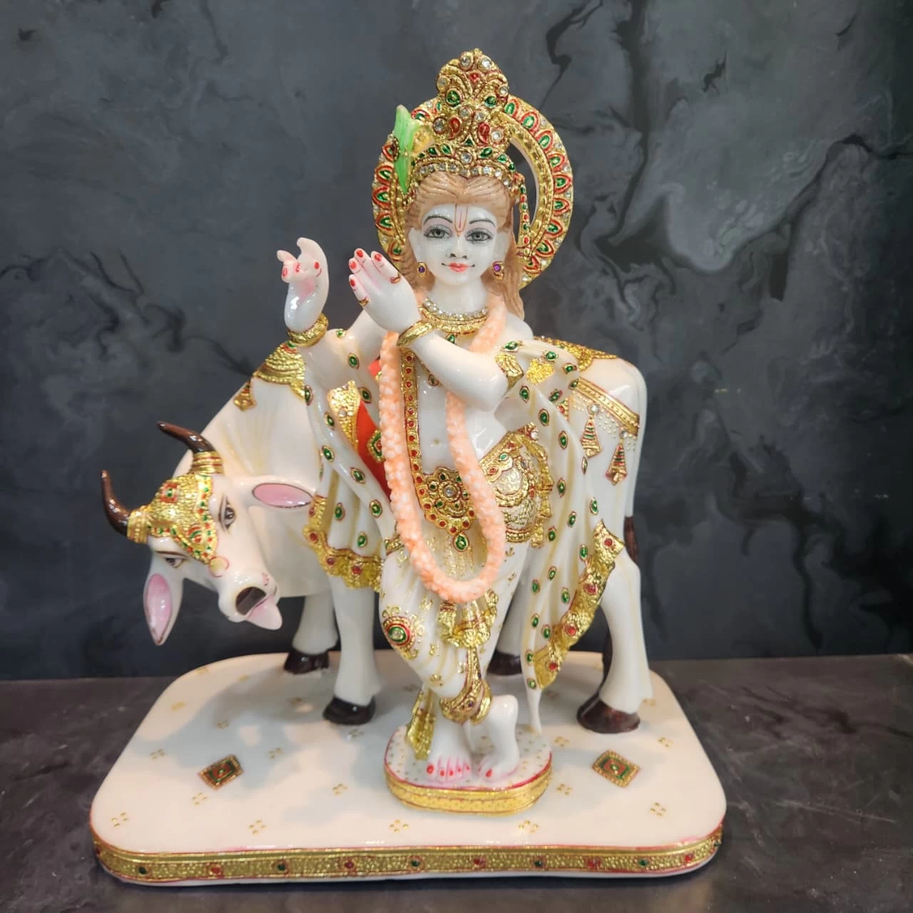 Fine Marble Dust Cow Krishna In Meenakari Painting