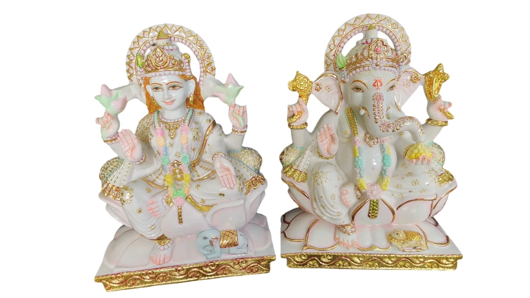Marble Dust Cut Gold White Ganesh Laxmi Ji