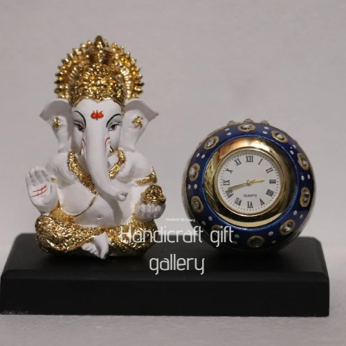 Gold Plated Resin Ganesh With Marble Clock