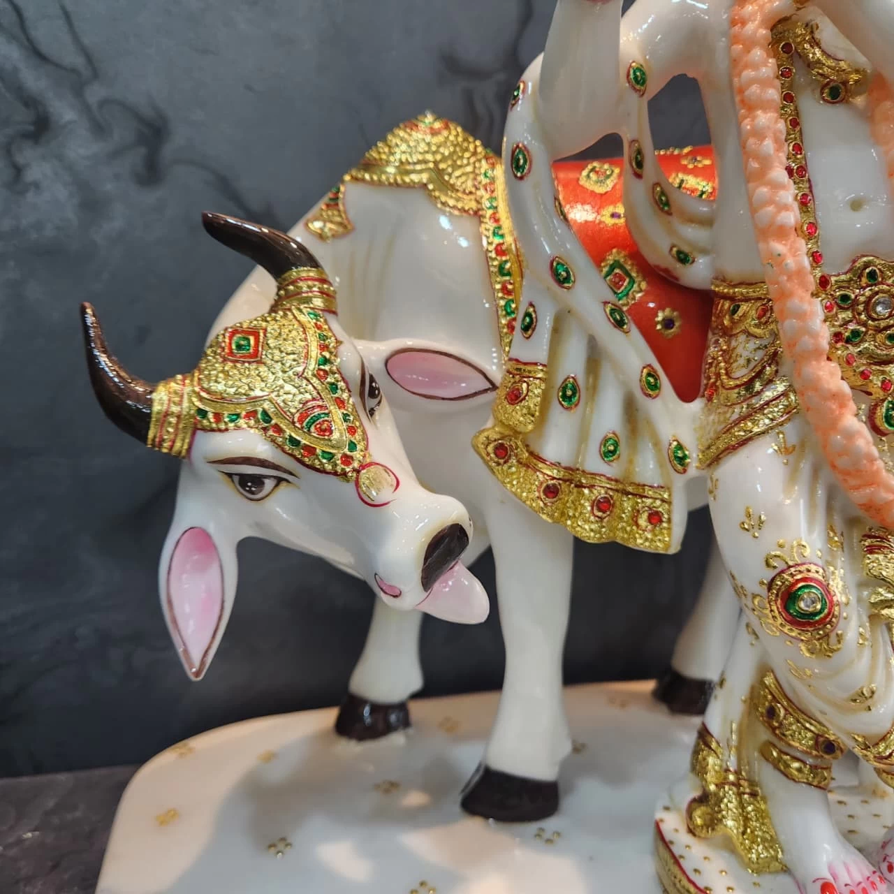 Fine Marble Dust Cow Krishna In Meenakari Painting