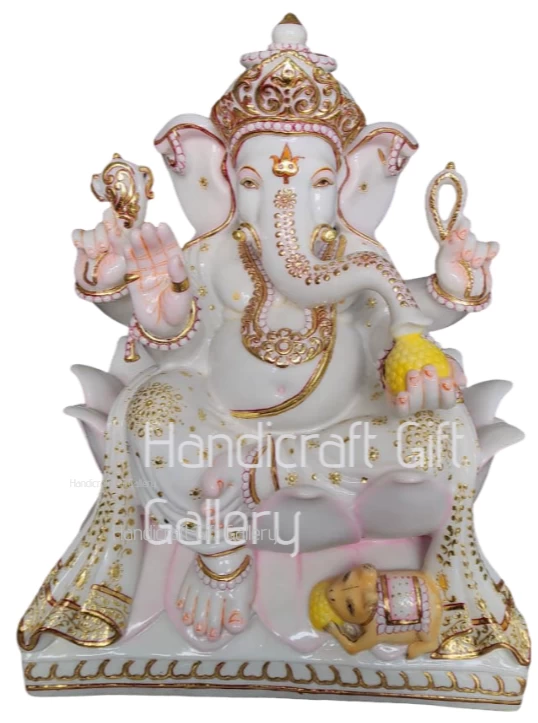 New Marble Dust Cut Gold White Ganesh ji