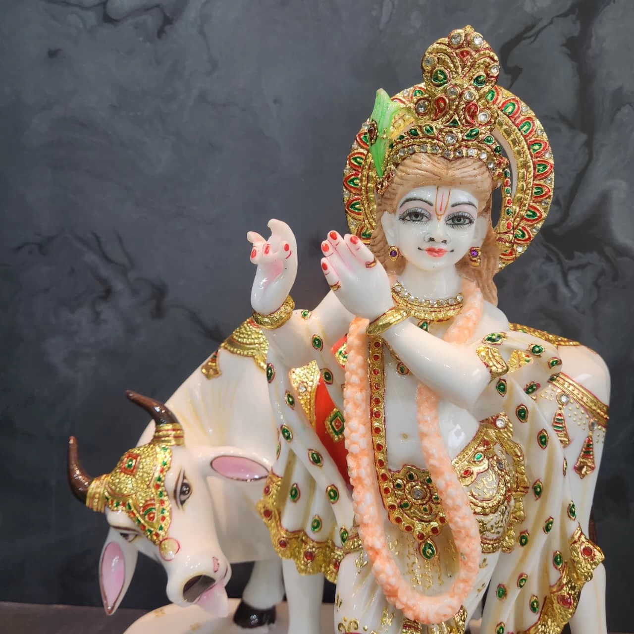 Fine Marble Dust Cow Krishna In Meenakari Painting