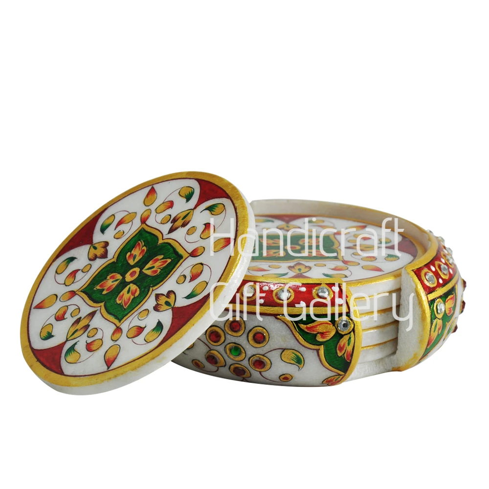 Marble Minakari Red & Green Coasters-(6 pcs)